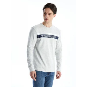 LCWAIKIKI Classic BEJ Bisiklet Yaka Uzun Kollu Baskılı Erkek Tişört