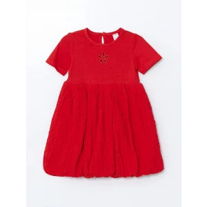 LCW baby KIRMIZI Nakışlı Krinkle Büzgülü Kız Çocuk Elbise