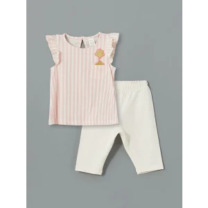 LCW baby BEJ Nakışlı Fırfırlı Kız Bebek Tişört ve Tayt 2li