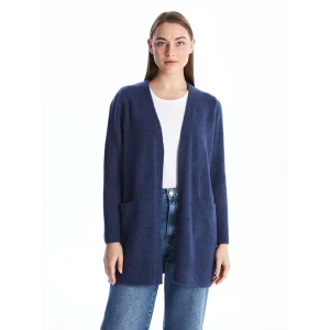 LCWAIKIKI Basic İNDİGO Şal Yaka Düz Uzun Kollu Kadın Triko Hırka