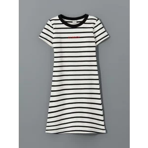 LCW Kids SİYAH Çizgili Nyc Nakışlı Kız Çocuk Kısa Elbise