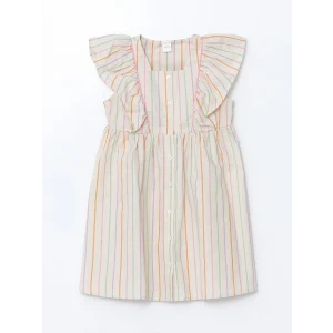 LCW Kids EKRU Çizgili Fırfırlı Kız Çocuk Keten Elbise