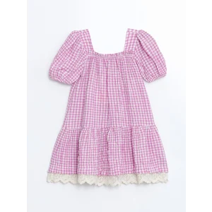 LCW Kids PEMBE Ekoseli Dantel Detaylı Kız Çocuk Elbise