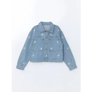 LCW Kids İNDİGO Gömlek Yaka Çiçek Nakışlı Kız Çocuk jean Ceket