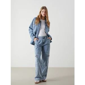 XSIDE MAVİ Yüksek Bel Wideleg Kadın Kargo Jean Pantolon