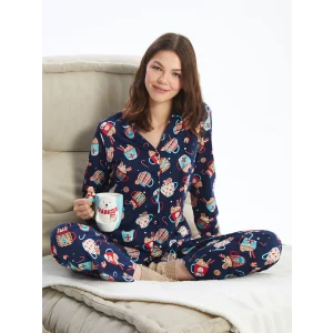 LCW Young LACİVERT Gömlek Yaka Baskılı Kadın Pijama Takımı