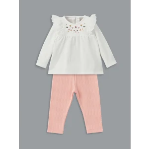 LCW baby EKRU Bisiklet Yaka Çiçekli Kız Bebek Bluz ve Tayt 2li