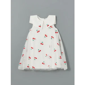 LCW Kids EKRU Kiraz Baskılı Tüllü Kız Çocuk Elbise