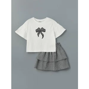 LCW Kids EKRU Bisiklet Yaka Kurdele Nakışlı Kız Çocuk Tişört ve Etek