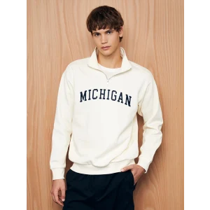 XSIDE BEJ Dik Yaka Uzun Kollu Nakışlı Erkek Kalın Sweatshirt