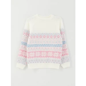 LCW Kids EKRU Bisiklet Yaka Desenli Uzun Kollu Kız Çocuk Triko Kazak