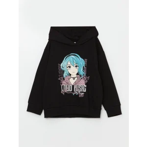 LCW Kids SİYAH Kapüşonlu Baskılı Kız Çocuk Sweatshirt