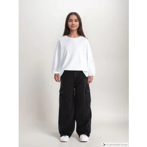 LCW Kids SİYAH Beli Ayarlanabilir Lastikli Kız Çocuk Pantolon