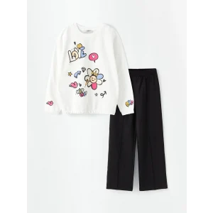 LCW Kids EKRU Bisiklet Yaka Baskılı Uzun Kollu Kız Çocuk Sweatshirt ve Eşofman Altı