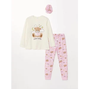 LCW Kids EKRU Bisiklet Yaka Baskılı Uzun Kollu Kız Çocuk Pijama Takımı ve Toka