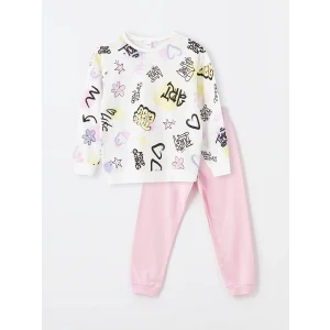 LCW Kids EKRU Bisiklet Yaka Baskılı Uzun Kollu Kız Çocuk Pijama Takımı