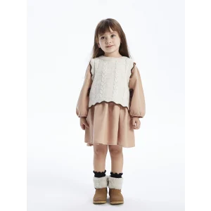 LCW baby KAHVERENGİ Bisiklet Yaka Uzun Kollu Kız Bebek Elbise ve Triko Süveter 2li Takım