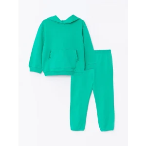 LCW baby YEŞİL Kapüşonlu Uzun Kollu Basic Kız Bebek Sweatshirt ve Pantolon 2li Takım