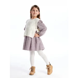 LCW Kids PEMBE Bisiklet Yaka Ekose Kız Çocuk Elbise ve Süveter 2li Takım