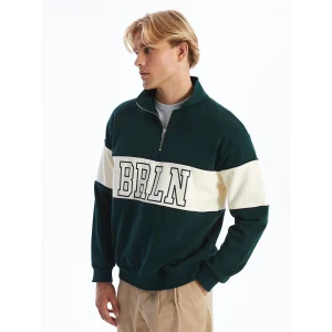 XSIDE YEŞİL Dik Yaka Uzun Kollu Renk Bloklu Erkek Kalın Sweatshirt