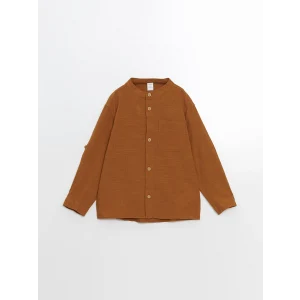 LCW Kids KAHVERENGİ Düz Uzun Kollu Cepli Erkek Bebek Keten Gömlek