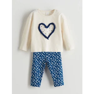 LCW baby BEJ Bisiklet Yaka Çiçekli Kız Bebek Bluz ve Tayt 2li