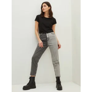 LCW Jeans GRİ Yüksek Bel Mom Fit Renk Bloklu Cep Detaylı Rodeo Kadın Jean Pantolon