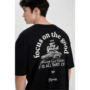 Defacto B4651 Siyah Oversize Geniş Kalıp Bisiklet Yaka Sırt Baskılı Kısa Kollu Tişört