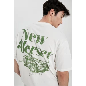 Defacto B4650 Ekru Comfort Regular Fit Rahat Kalıp Bisiklet Yaka Sırt Baskılı Kısa Kollu Tişört