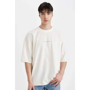 Defacto C2732 Ekru Loose Fit Bisiklet Yaka Sırt Baskılı Kısa Kollu Tişört