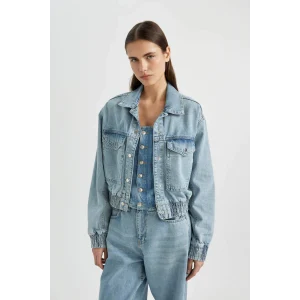 Defacto B8258 İndigo Polo Yaka Cepli Düğme kapamalı Jean Bomber Ceket