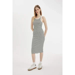 Defacto C8845 Beyaz Bodycon Halter Yaka Çizgili Fitilli Kaşkorse Kolsuz Midi Elbise