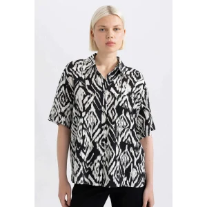 Defacto C8731 Siyah Oversize Geniş Kalıp Desenli Kısa Kollu Gömlek