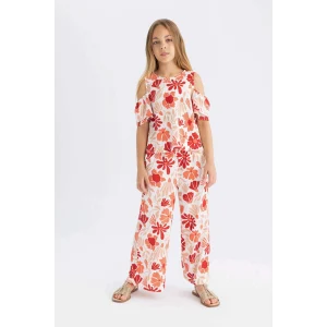 Defacto C5373 Kırmızı Kız Çocuk Wide Leg Geniş Bol Paça Çiçekli Beli Lastikli Bürümcük Pantolon