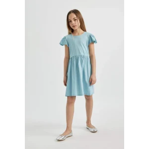 Defacto C0990 Mavi Kız Çocuk Kısa Kollu Penye Elbise