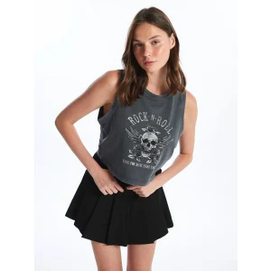 XSIDE ANTRASİT Bisiklet Yaka Baskılı Kadın Crop