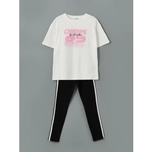 LCW Kids EKRU Bisiklet Yaka Kız Çocuk Tişört ve Tayt