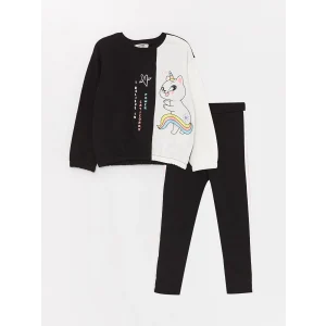 LCW Kids SİYAH Bisiklet Yaka Baskılı Uzun Kollu Kız Çocuk Sweatshirt ve Tayt
