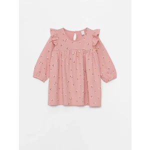 LCW baby PEMBE Bisiklet Yaka Desenli Kız Bebek Elbise