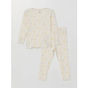 LCW baby EKRU Bisiklet Yaka Uzun Kollu Baskılı Kız Bebek Pijama Takımı