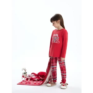LCW baby KIRMIZI Bisiklet Yaka Uzun Kollu Yılbaşı Temalı Kız Bebek Pijama Takımı