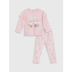 LCW baby PEMBE Bisiklet Yaka Uzun Kollu Baskılı Kız Bebek Pijama Takımı