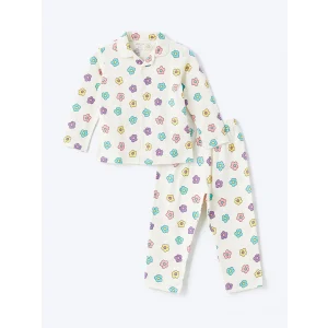 LCW baby EKRU Polo Yaka Çiçekli Kız Bebek Pijama Takım