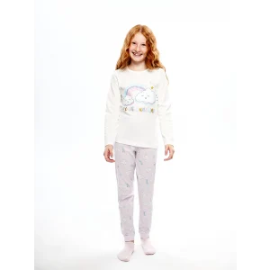 LCW Kids EKRU Bisiklet Yaka Baskılı Uzun Kollu Kız Çocuk Pijama Takımı