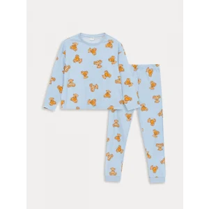 LCW Kids MAVİ Bisiklet Yaka Baskılı Uzun Kollu Kız Çocuk Pijama Takımı