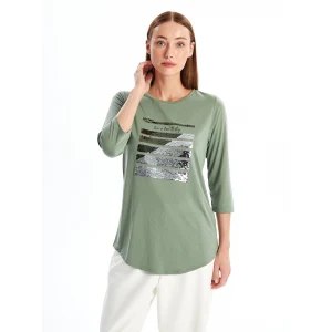 LCWAIKIKI Basic HAKİ Bisiklet Yaka Pul Payetli Kadın Bluz