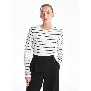 LCWAIKIKI Basic EKRU Bisiklet Yaka Çizgili Uzun Kollu Kadın Body