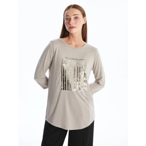 LCWAIKIKI Basic BEJ Bisiklet Yaka Pul Payetli Uzun Kollu Kadın Bluz