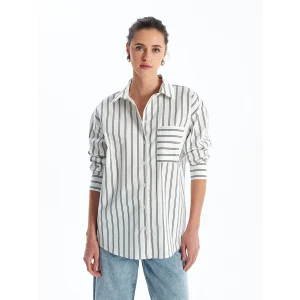 LCW Vision EKRU Çizgili Uzun Kollu Oversize Kadın Gömlek