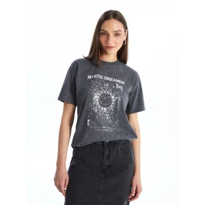 LC WAIKIKI ANTRASİT Bisiklet Yaka Baskılı Kısa Kollu Kadın Tişört